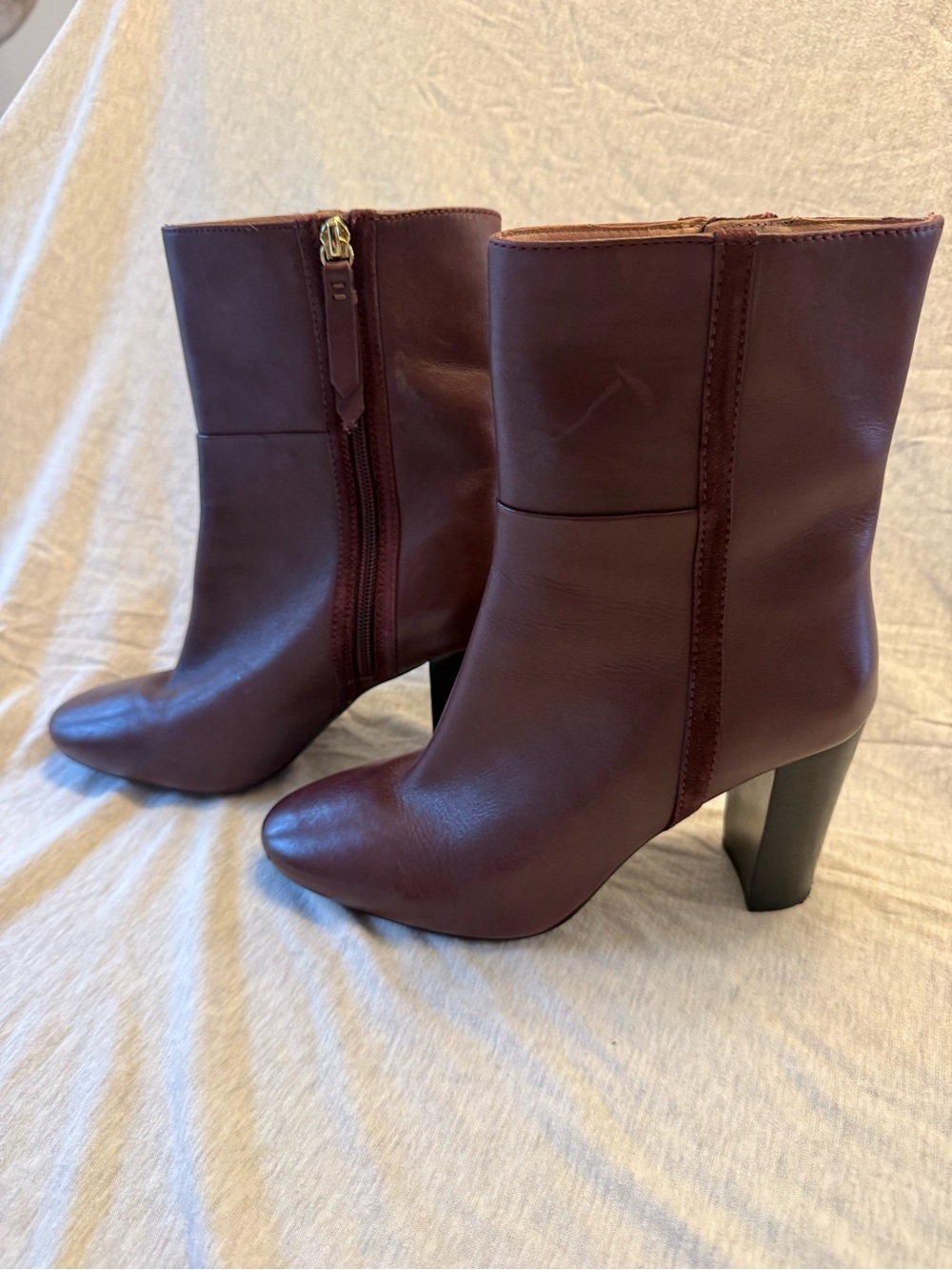 Boden Burgundy Leather Ankle Booties with Block Heel